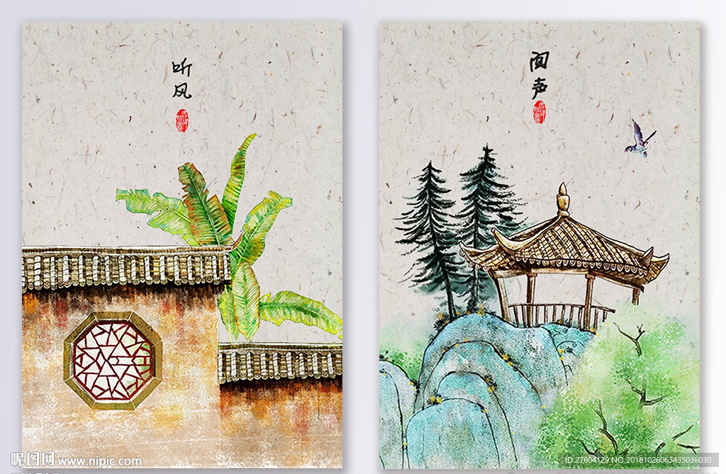 中国风手绘民俗建筑花鸟装饰画