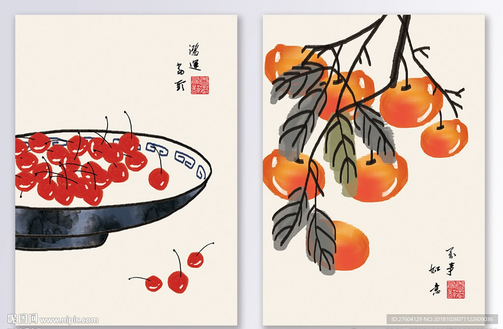 中国风淡彩水墨民俗创意装饰画