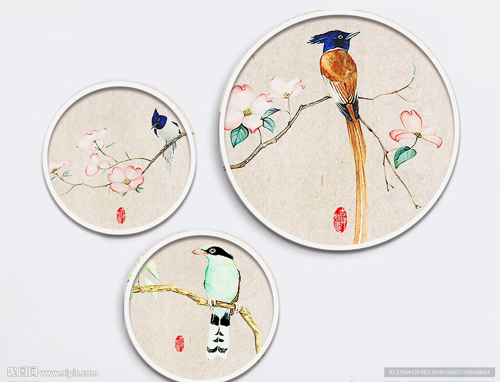 新中式手绘工笔花鸟三联装饰画