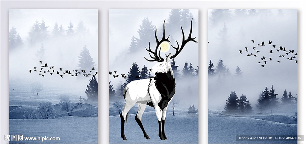 中式北欧简约森林麋鹿装饰画