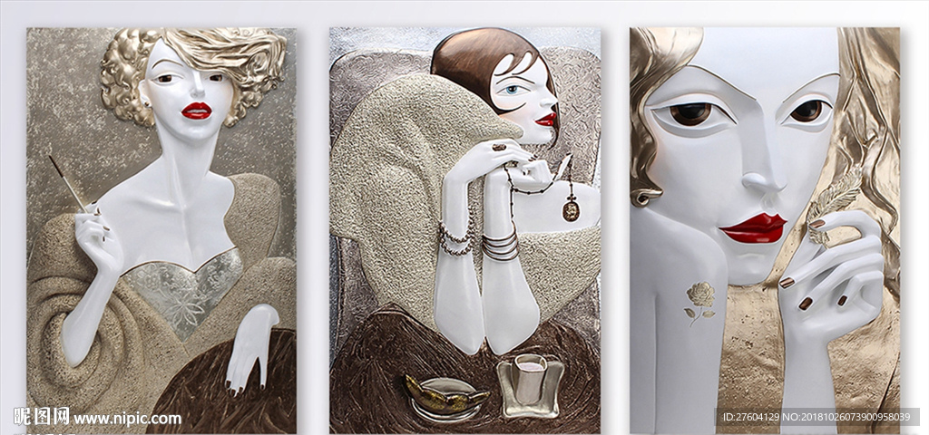 现代简约浮雕女人三联装饰画
