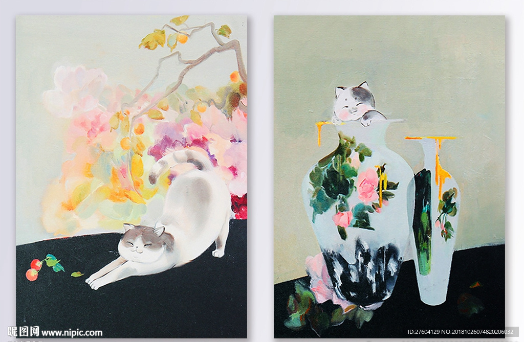 猫咪花瓶油画三联装饰画