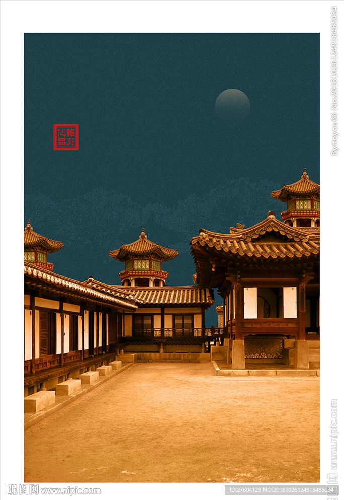 中国风古典宫廷古风院落装饰画