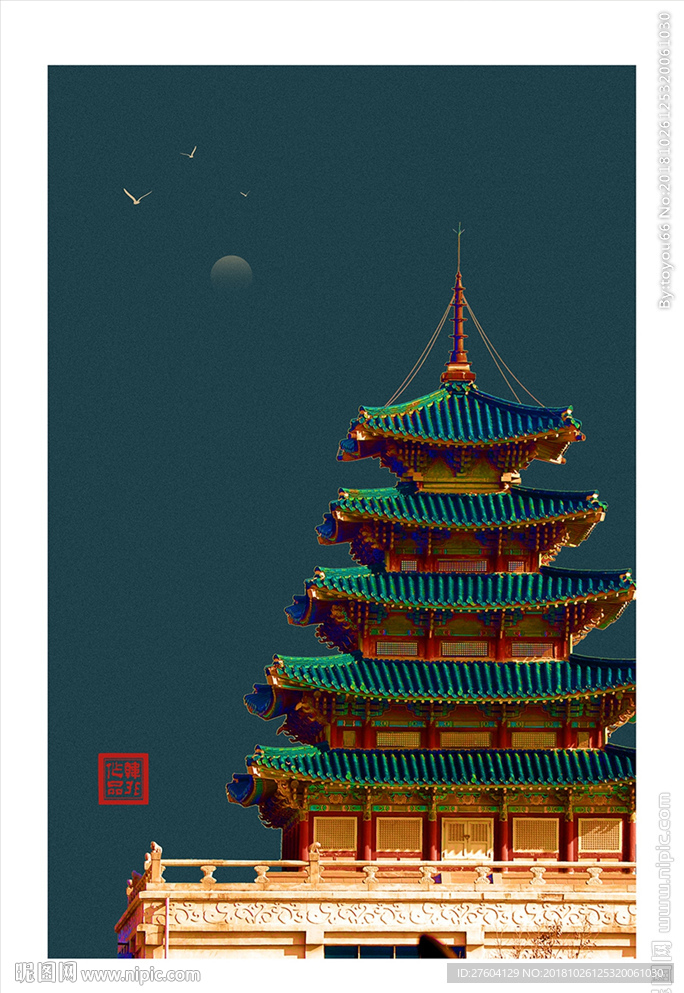 中国风古典宫廷古风阁楼装饰画