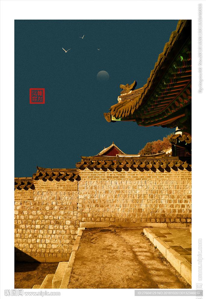 中国风古典宫廷复古庭院装饰画