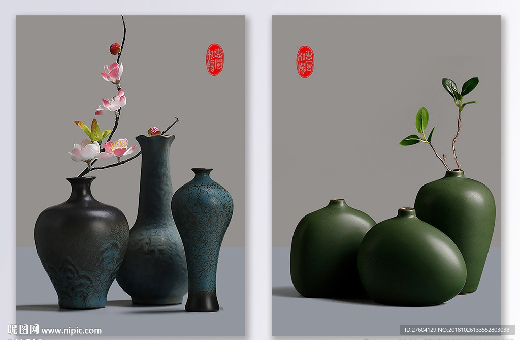 立体静物陶瓷釉花瓶二联装饰画