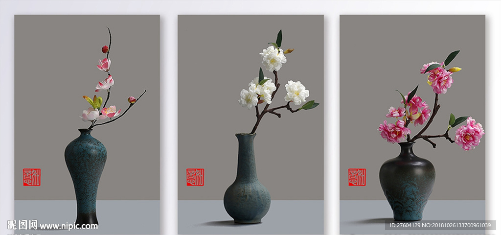 中式简约陶瓷釉静物三联装饰画