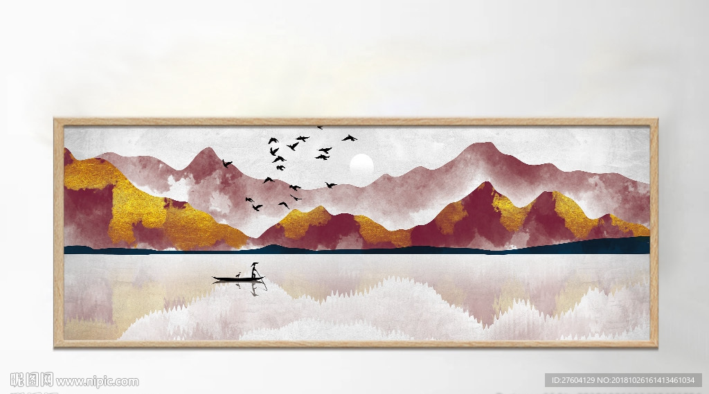 暖色调金箔质感手绘山水装饰画