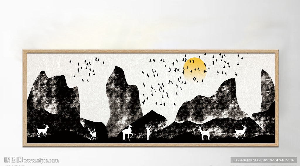 中式水墨山水画麋鹿装饰画