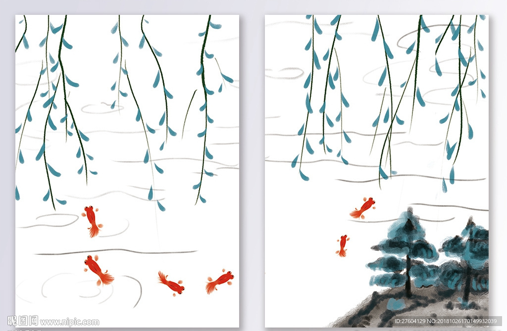 中国风水墨金鱼池塘装饰画