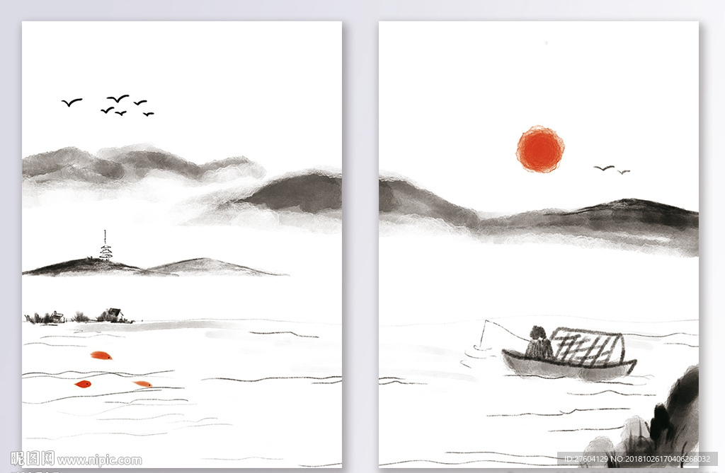 中国风山水日出船舶装饰画