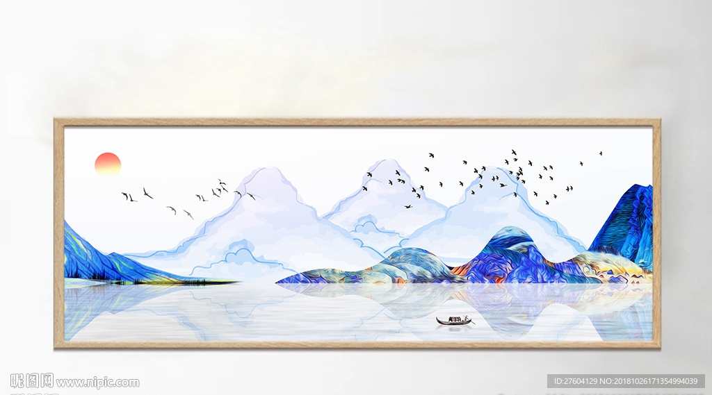 唯美水墨山水飞鸟风景装饰画