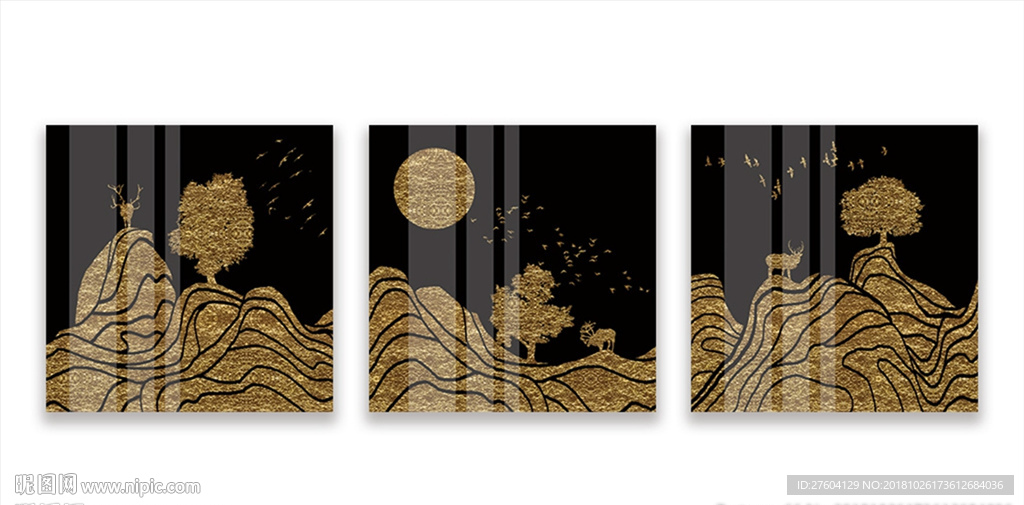中式金色山川风景装饰画