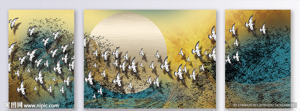 中式抽象金箔飞鸟风景装饰画