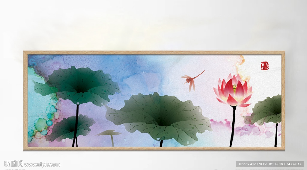 手绘中式荷花装饰画