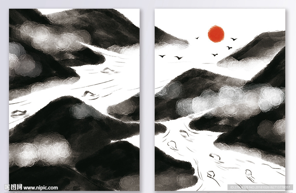 中国水墨日出山水装饰画
