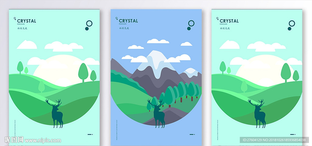 中式插画麋鹿艺术三联装饰画