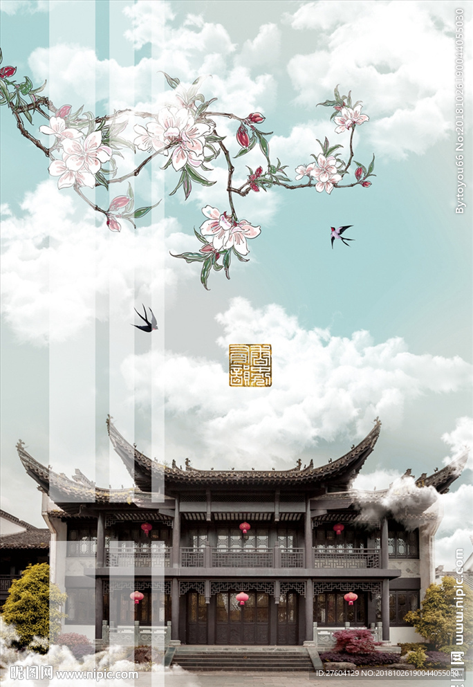 中国风文艺古建筑风景书房装饰画