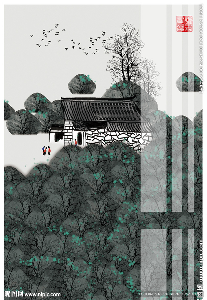 中国风水墨淡彩民俗风景装饰画