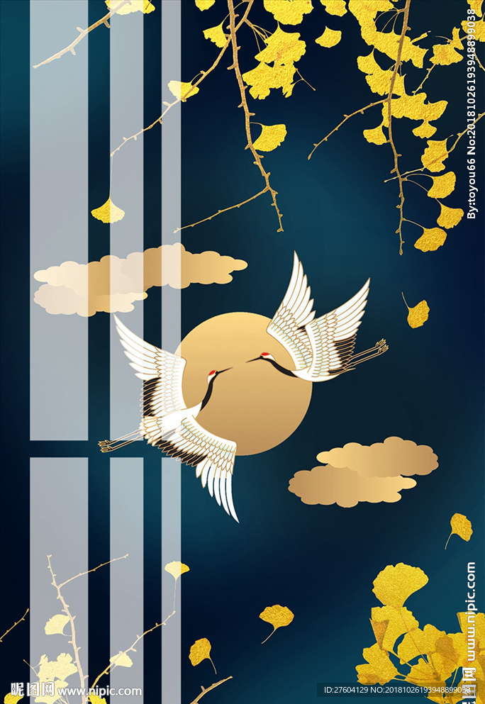 新中式仙鹤银杏装饰画画