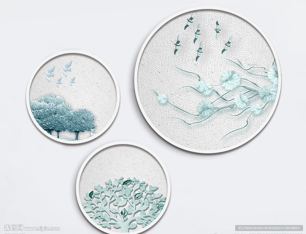 立体蓝色植物飞鸟装饰画