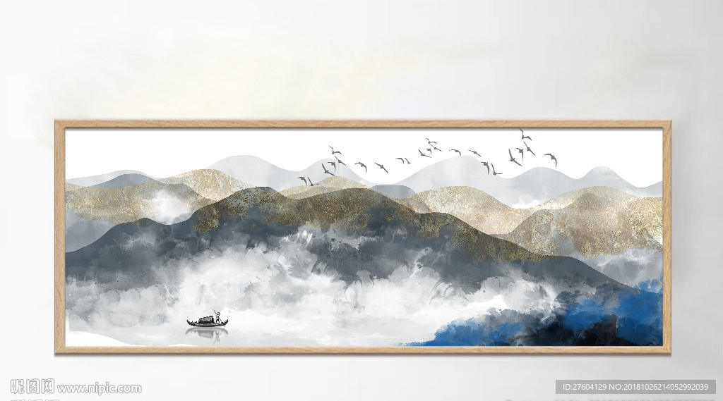 中国风山水飞鸟船只湖水装饰画