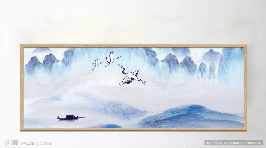 中式云雾了然山水蓝色湖面装饰画