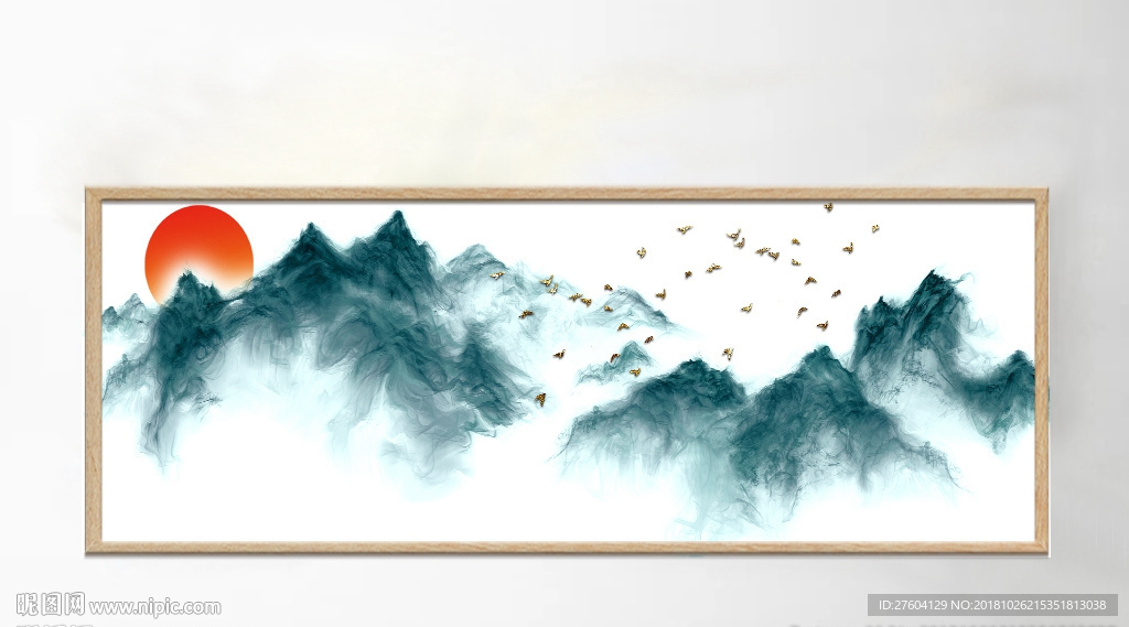 新中式抽象水墨金色飞鸟装饰画