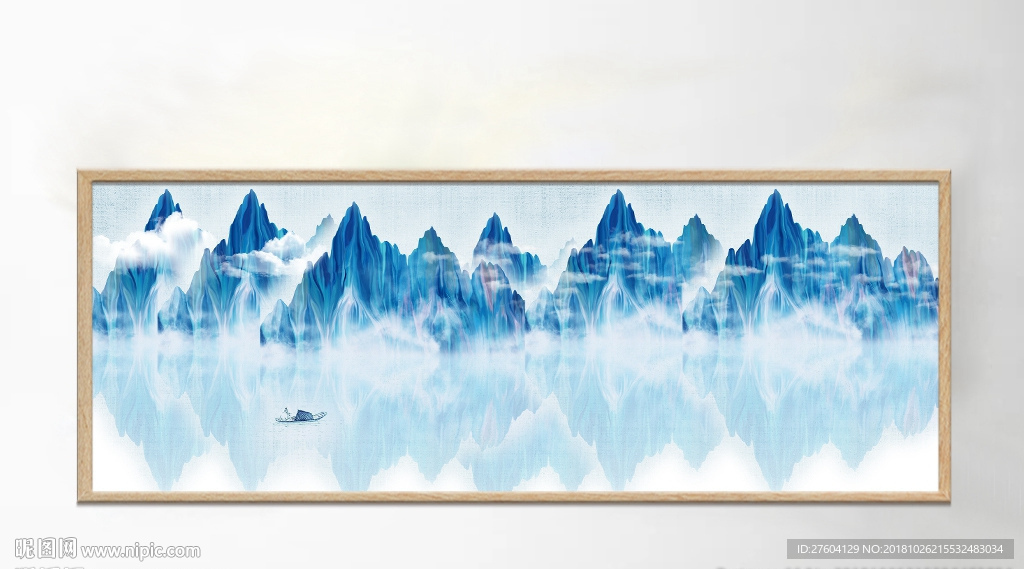 中国风蓝山水湖面小船倒影装饰画
