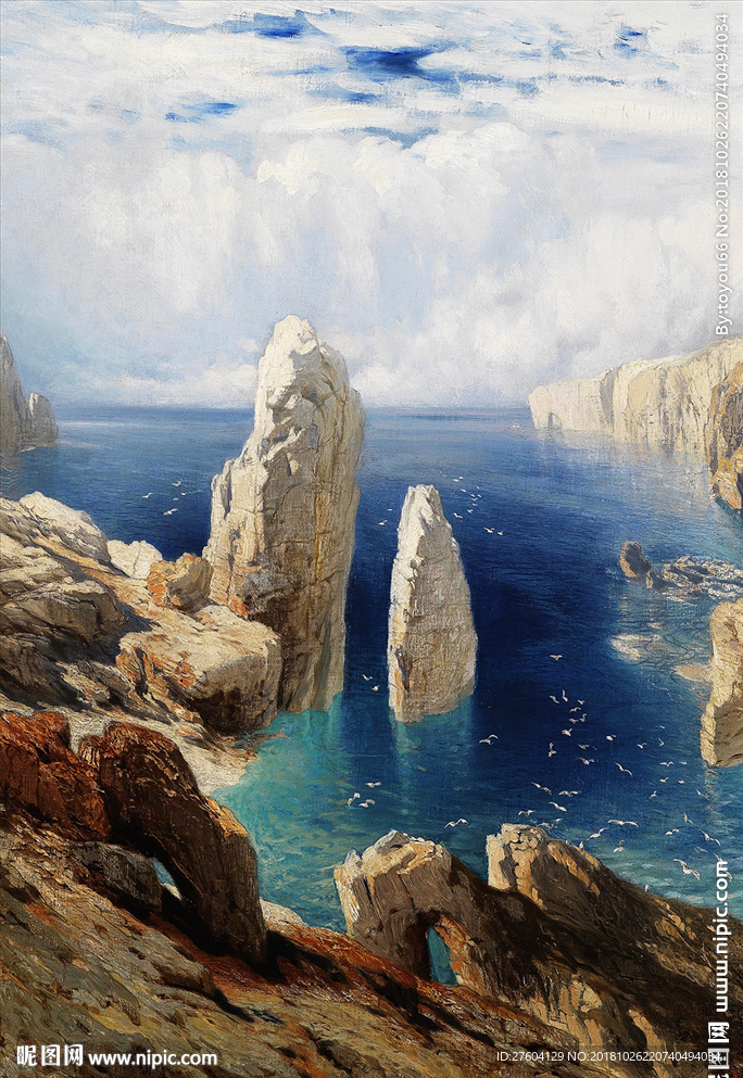 北欧油画风景海水白色云朵装饰画