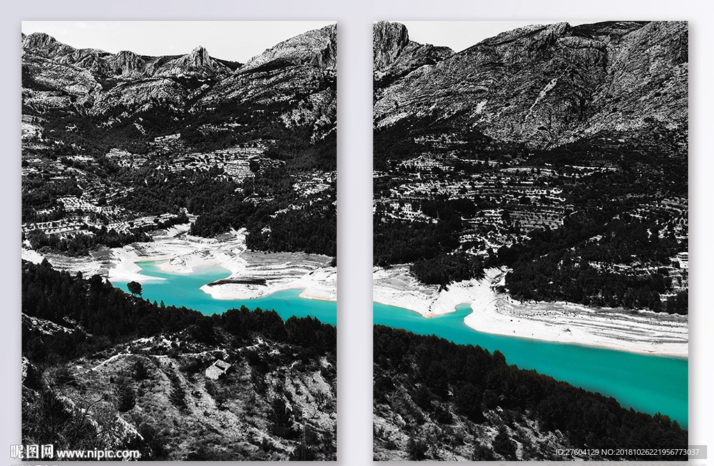 北欧黑白风景绿色湖水装饰画