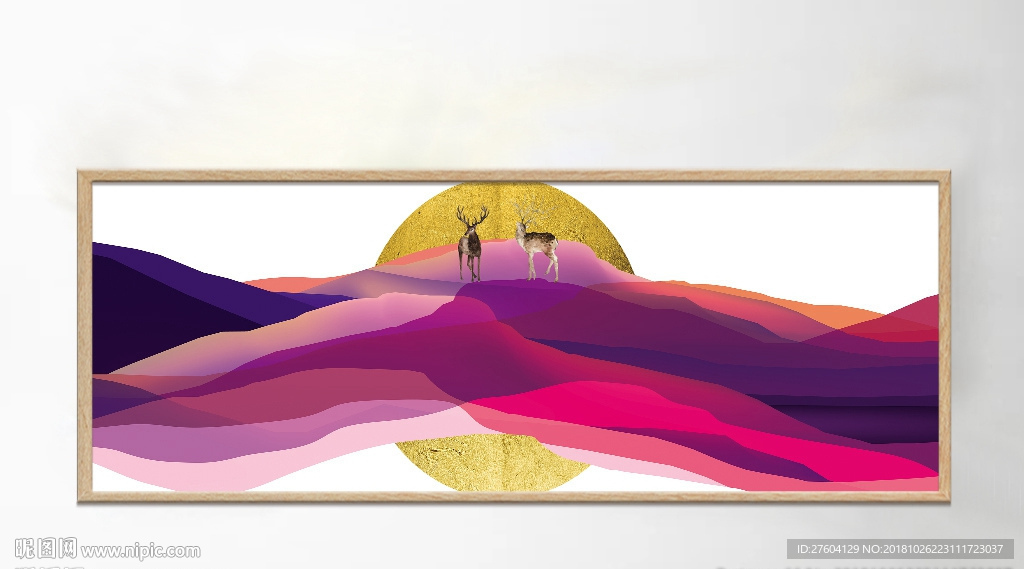 金色太阳小鹿线条意境装饰画