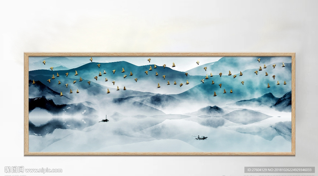 中国风蓝色山水飞鸟金色装饰画