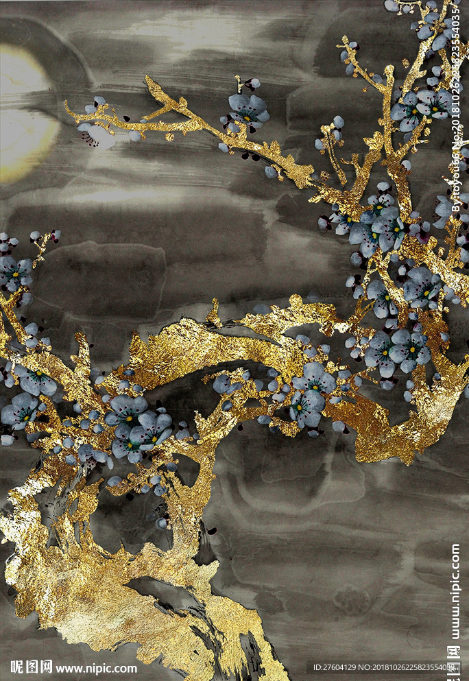 中式金箔树干植物花朵抽象装饰画
