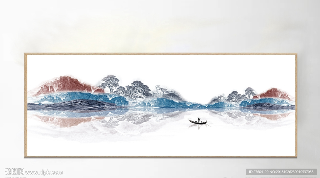 中式蓝色抽象水墨山水装饰画
