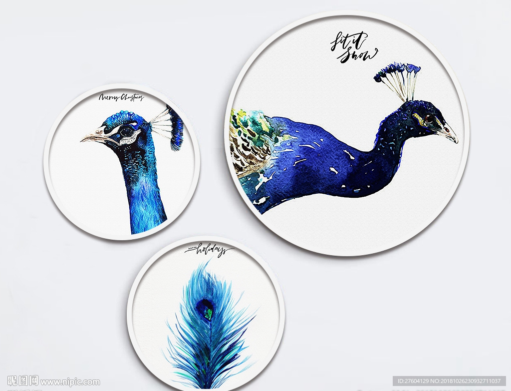 蓝色北欧孔雀动物装饰画