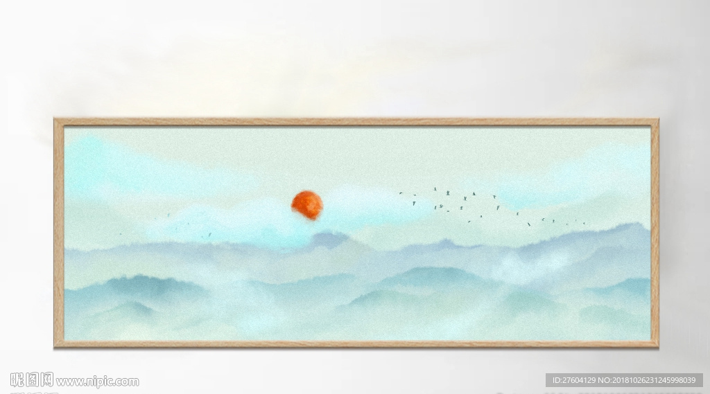 淡彩水墨山水画横幅装饰画