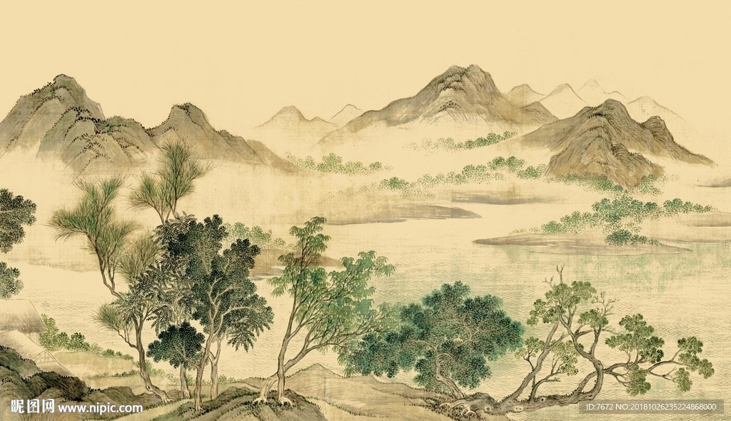 湖山春暖图水墨山水图