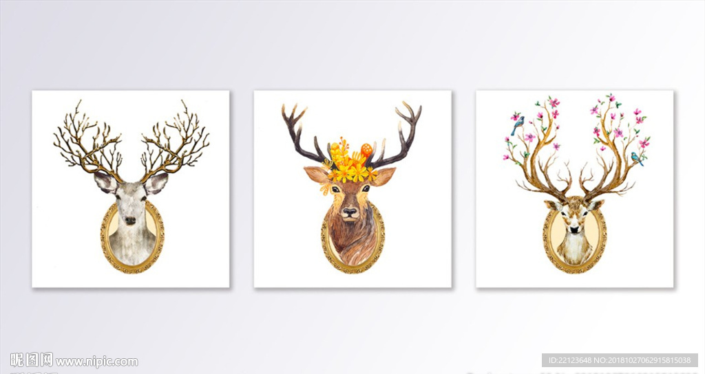 手绘鹿头花卉装饰画