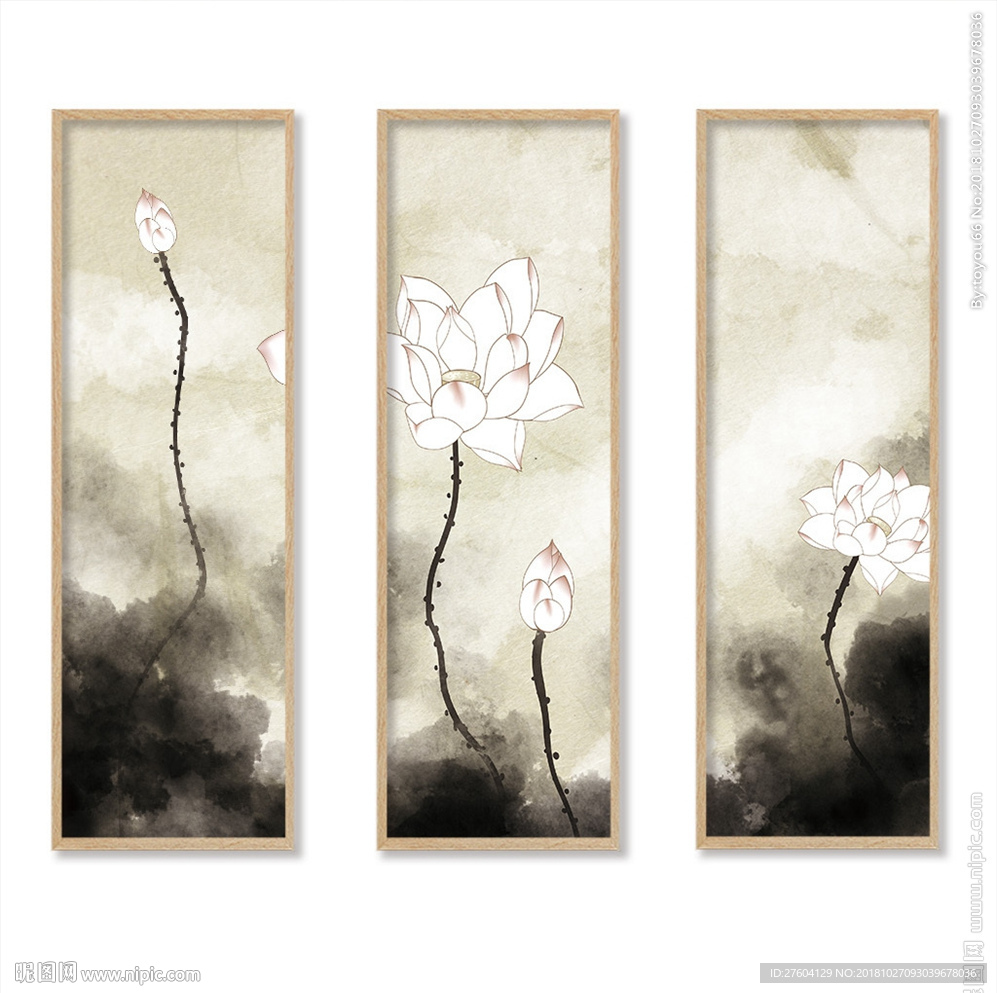 水墨手绘工笔淡雅荷花装饰画