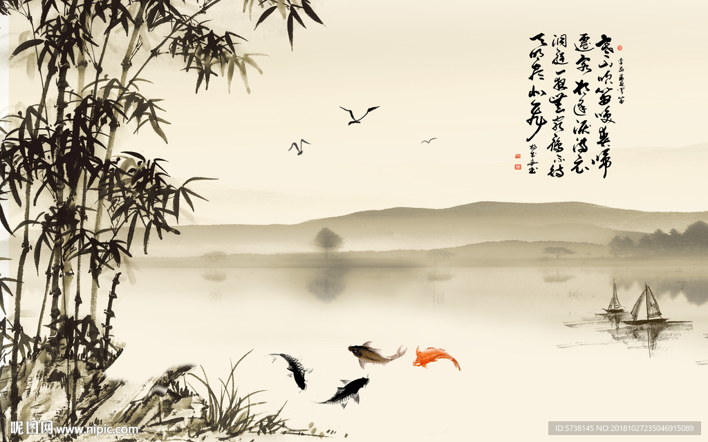 中式水墨国画艺术创意玄关屏风背