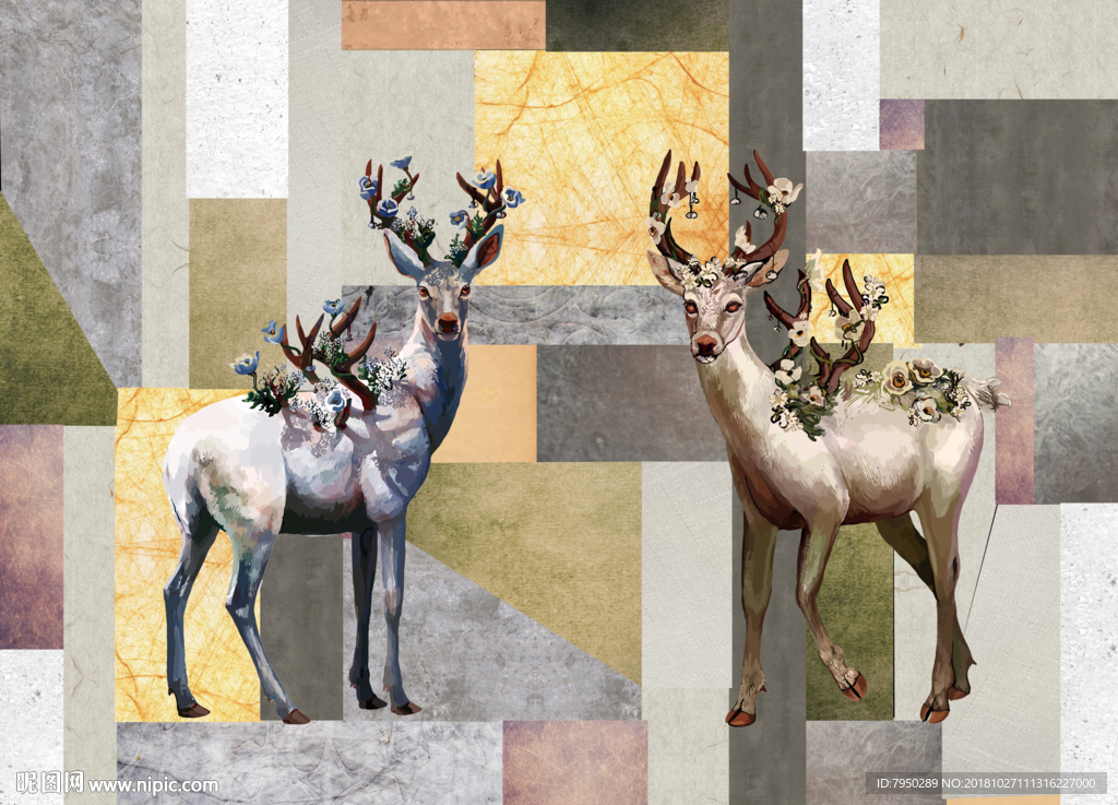 北欧麋鹿简约时尚木头画背景墙
