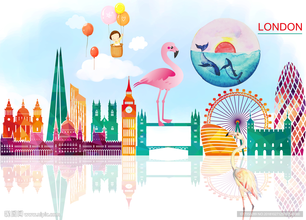 卡通手绘城市火烈鸟儿童房背景墙