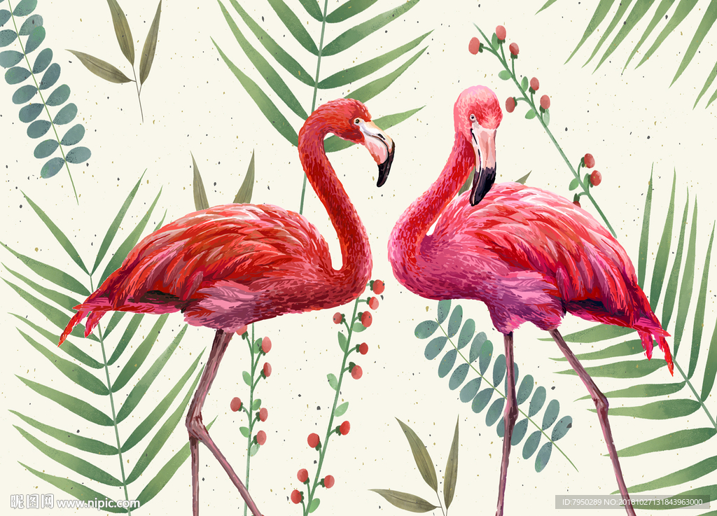 北欧火烈鸟热带雨林背景墙装饰