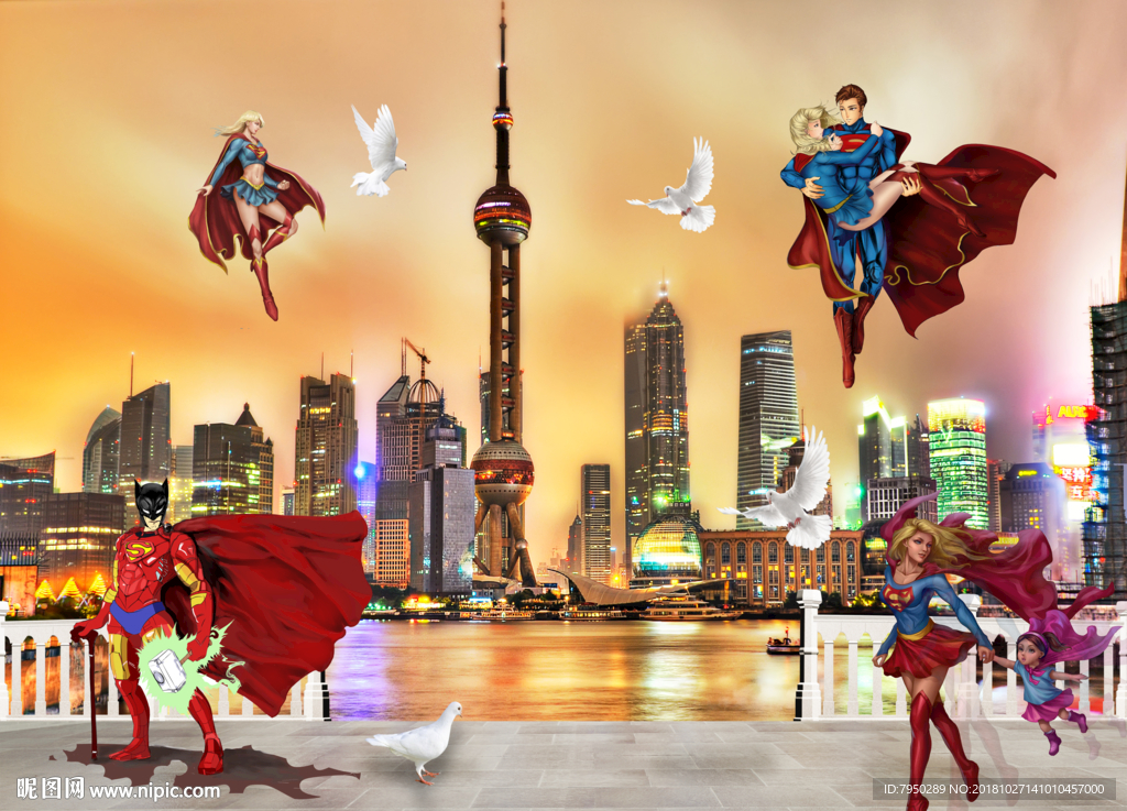 卡通超人城市背景墙