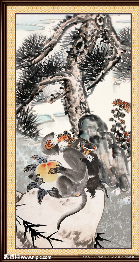 国画猴子 金猴迎春 水墨猴子