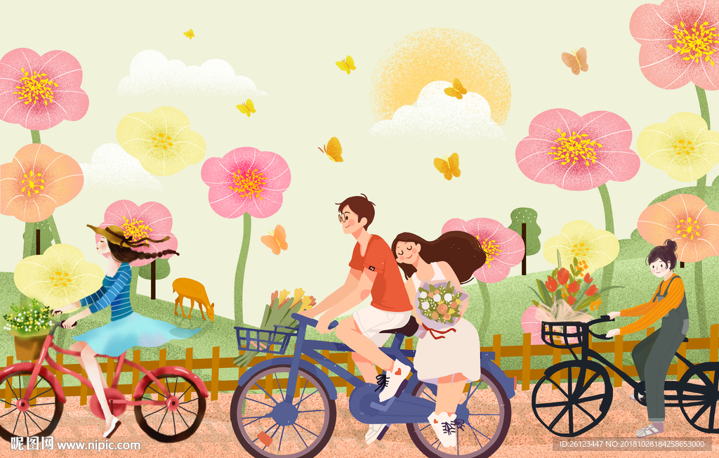 手绘卡通骑车人物风景插画