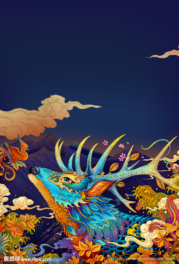 中国风彩绘插画麋鹿凤凰祥云背景