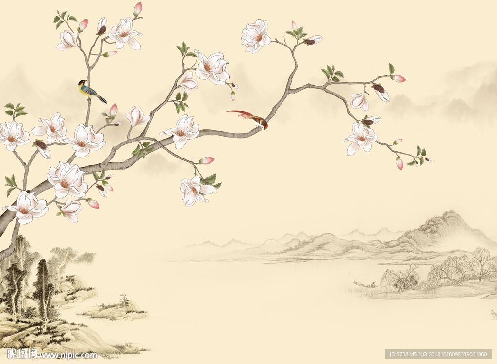 中式山水花鸟国画玄关屏风背