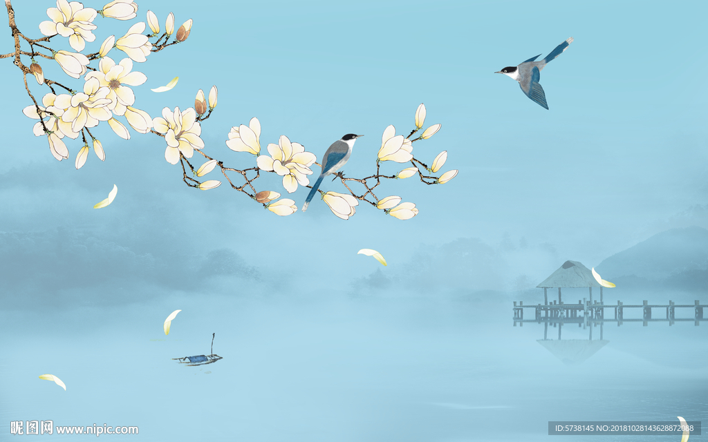 中式飞鸟山水玄关屏风背景底纹素